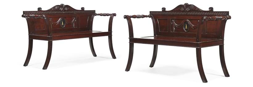 Inline Image - Lot 198: A fine pair of mahogany hall benches, after a design by James Wyatt, possibly by Mack, Williams & Gibton, circa 1820-1840 | Est. £10,000-20,000 (+ fees)