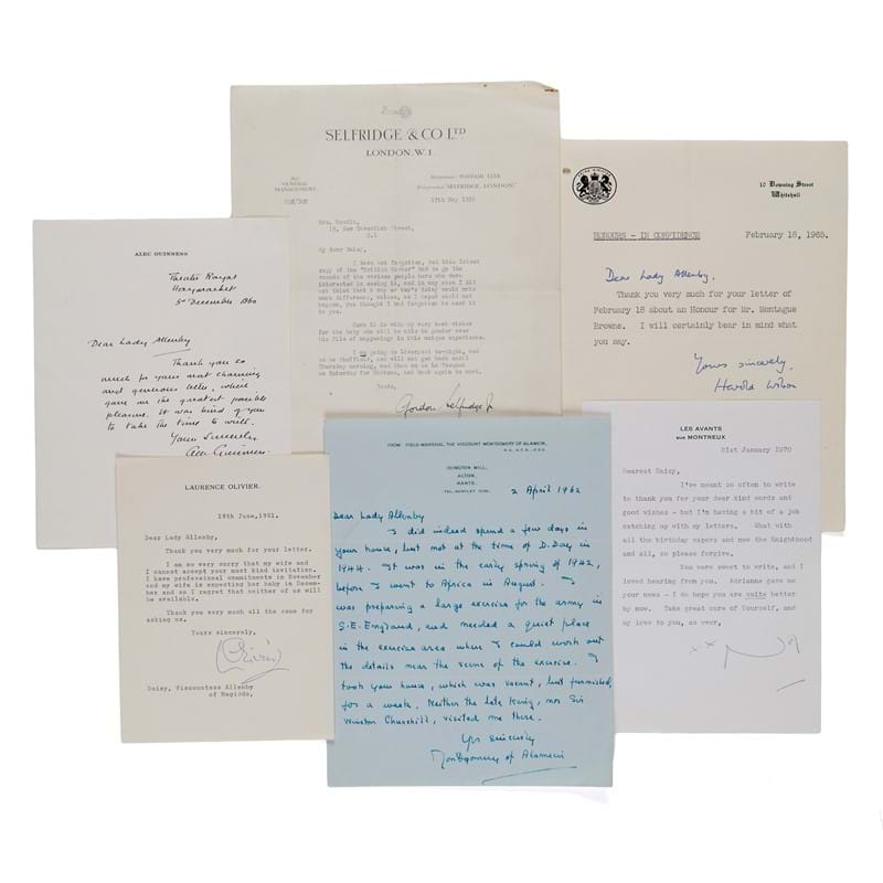 Large collection of letters and cards signed by prominent politicians, entrepreneurs, actors, playwrights, musicians and conductors, addressed to the Viscountess Allenby