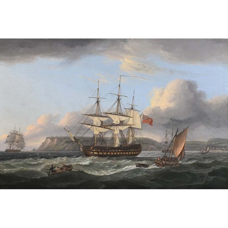 Thomas Luny (British 1759-1837) H.M.S Bellerophon off Torbay with the defeated emperor napoleon aboard '26 July 1815', oil on canvas