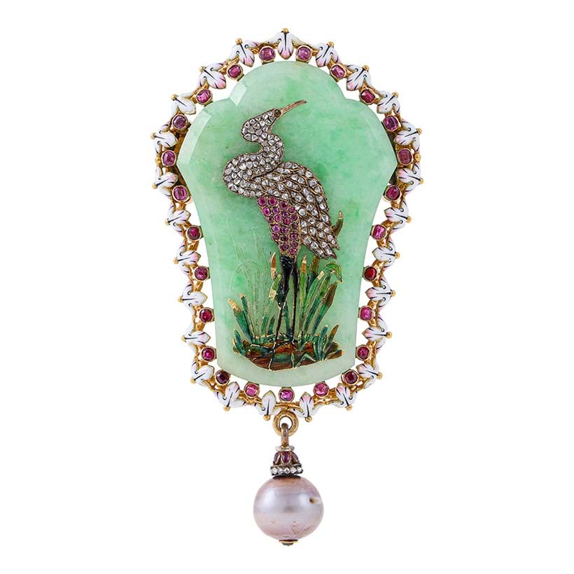 Inline Image - Lot 60: Fontenay, a late 19th century jadeite jade, ruby, diamond, pearl and enamel crane brooch circa 1860 | Sold for £21,420