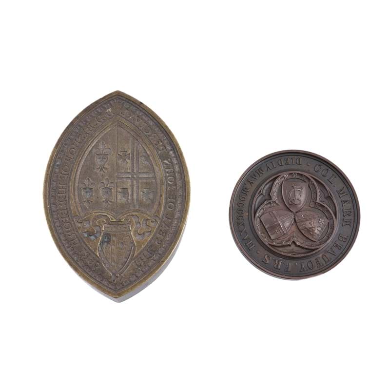 City of London School, Col. Mark Beaufoy, mathematical proficiency bronze prize medal, 1843; a brass seal matrix for John Percival, Bishop of Hereford, 1895