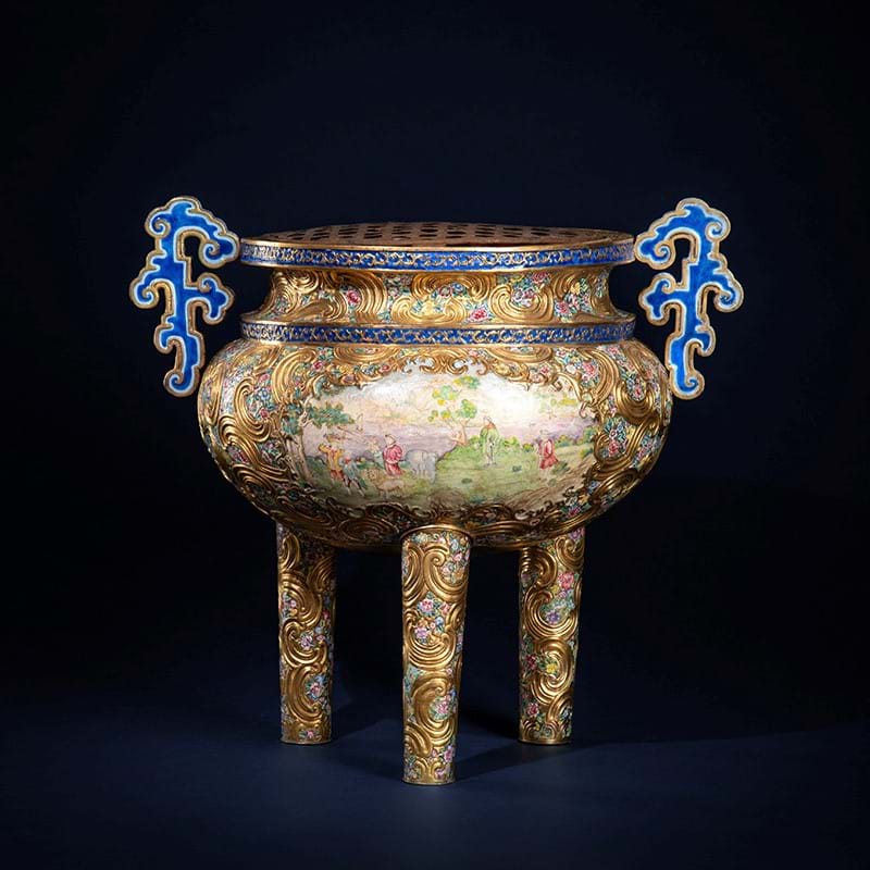 † A large and rare Chinese 'Imperial tribute' Canton enamel tripod censer, mark of Qianlong and of the period