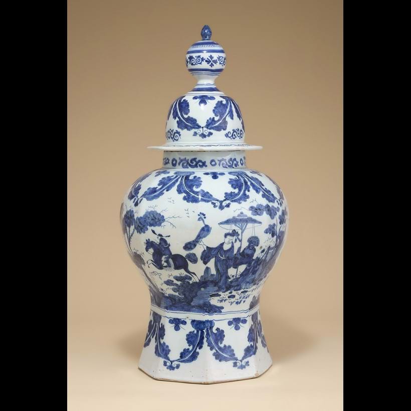 Inline Image - Lot 180: A Dutch Delft blue and white octagonal section baluster vase and cover, circa 1700 | Est. £400-600 (+ fees)