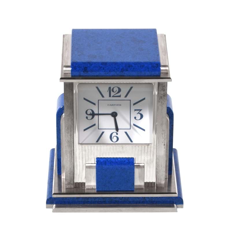 Cartier, Mystery Prism, an Art Deco style electro-plated and simulated lapis lazuli desk clock 