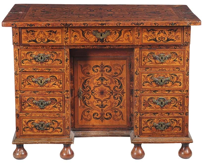 Inline Image - Lot 15, a Continental sycamore marquetry inlaid knee hole desk, circa 1700; est. £800-1,200 (+fees)