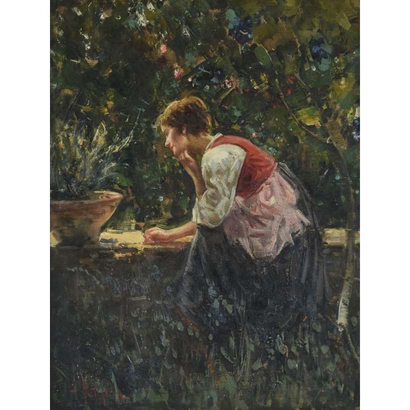 Inline Image - Lot 185, Luca Postiglione (Italian 1876-1936), Young girl sitting in the garden; est. £400-600 (+fees)