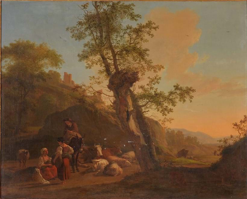 Inline Image - Lot 229, Nicholas Henri Joseph Fassin (Belgian 1727-1811), 
A drover and figures resting in an Italianate landscape; est. £3,000-5,000 (+fees)