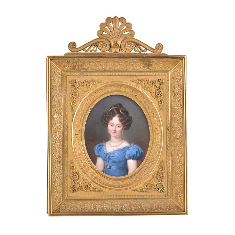 Inline Image - Lot 243, Jean-Baptiste Jacques Augustin (1759-1832), 
Portrait of a young lady wearing jewellery and a blue dress; est. £4,000-6,000 (+fees)