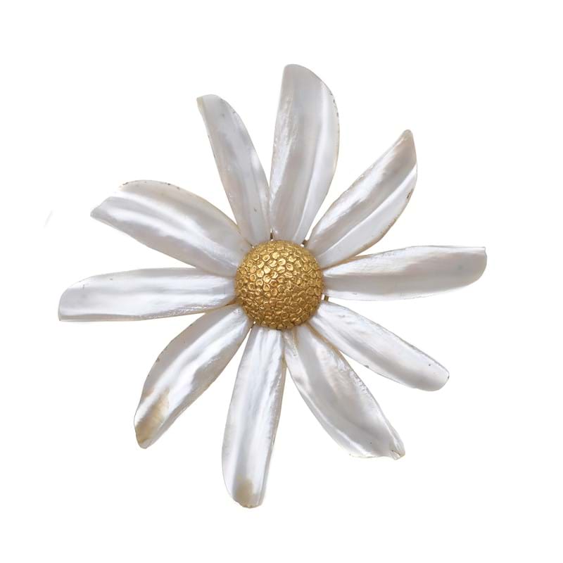 An early 20th century French Art Nouveau mother of pearl and gold daisy hair pin 