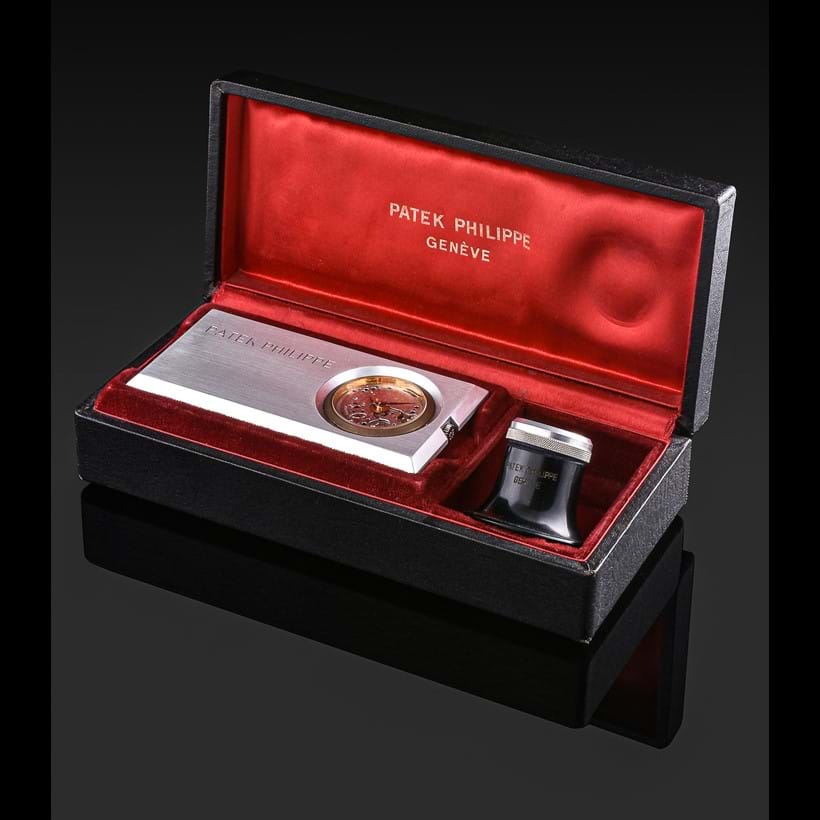 Inline Image - Patek Philippe, a retailer sample watch movement, manual wind,  mounted in a rectangular aluminium case, case, movement and crown signed, accompanied by a Patek Philippe box, and loupe, Est. £8,000-12,000 (+ fees)