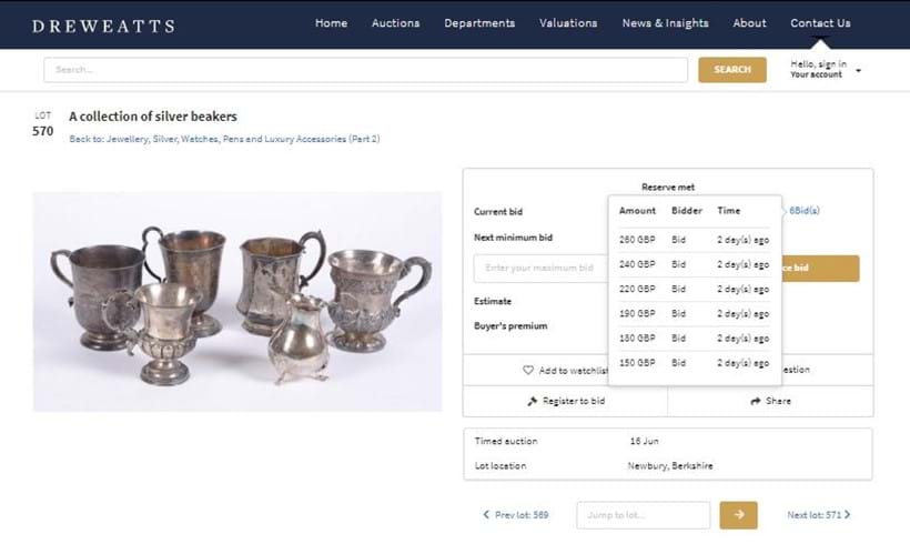 Inline Image - Dreweatts timed online bidding screen showing the bidding history