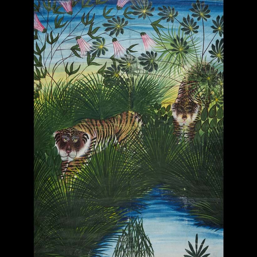 Inline Image - Lot 107: Jungle scene with Two Tigers, large Pichwai-style painting on linen for use as wall hanging [India (possibly Kota), c. 1920] | Est. £600-800 (+fees)
