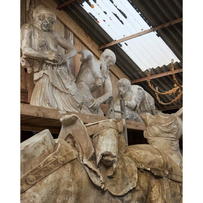 Inline Image - Lot 592: FOUR PLASTER CASTS FROM THE WEST PEDIMENT OF THE TEMPLE OF ZEUS AT OLYMPIA, LATE 19TH CENTURY, Comprising fragments of crouched male and female figures, The largest example 170cm high, 127 long, 70 wide, the smallest 94cm high, 200cm long, 60cm wide | Est. £6,000-8,000 (+fees)