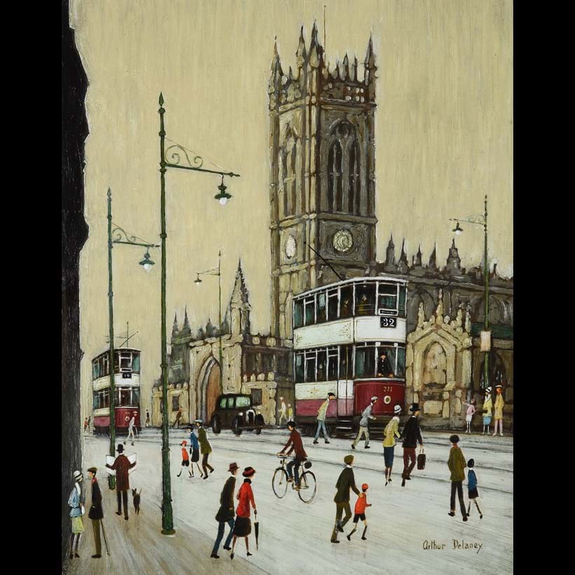Inline Image - Arthur Delaney (British 1927-1987), 'Manchester Cathedral', Oil on board | Est. £5,000-7,000 (+ fees)