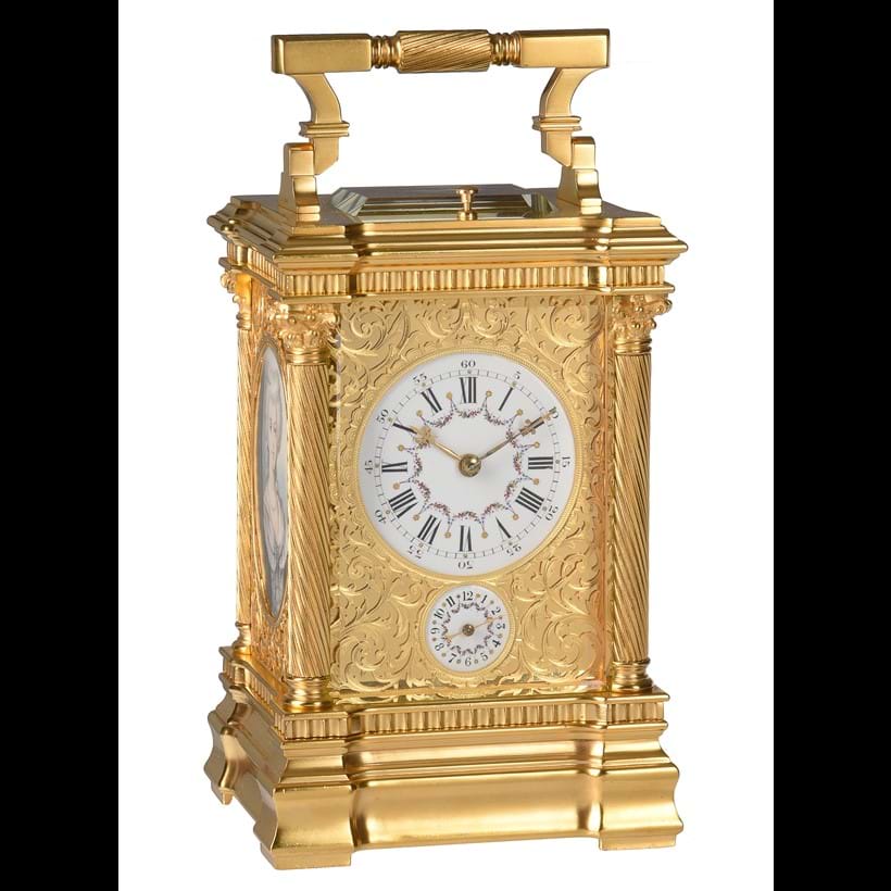 Inline Image - Lot 104: Y A fine French gilt fretwork and portrait miniature inset grande-sonnerie alarm carriage clock, unsigned, Paris, circa 1900 | Est. £3,000-4,000 (+ fees)