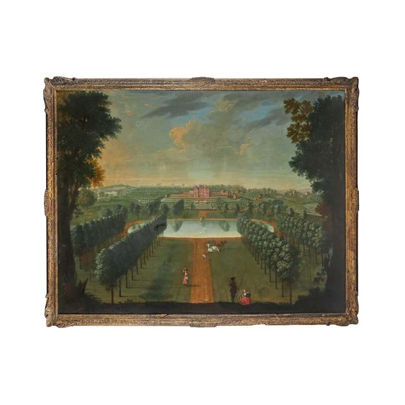 Anglo-Dutch School (circa 1740), 'View of a house with projecting angle pavilions, in a park with an oval pool, figures in the foreground', Oil on canvas