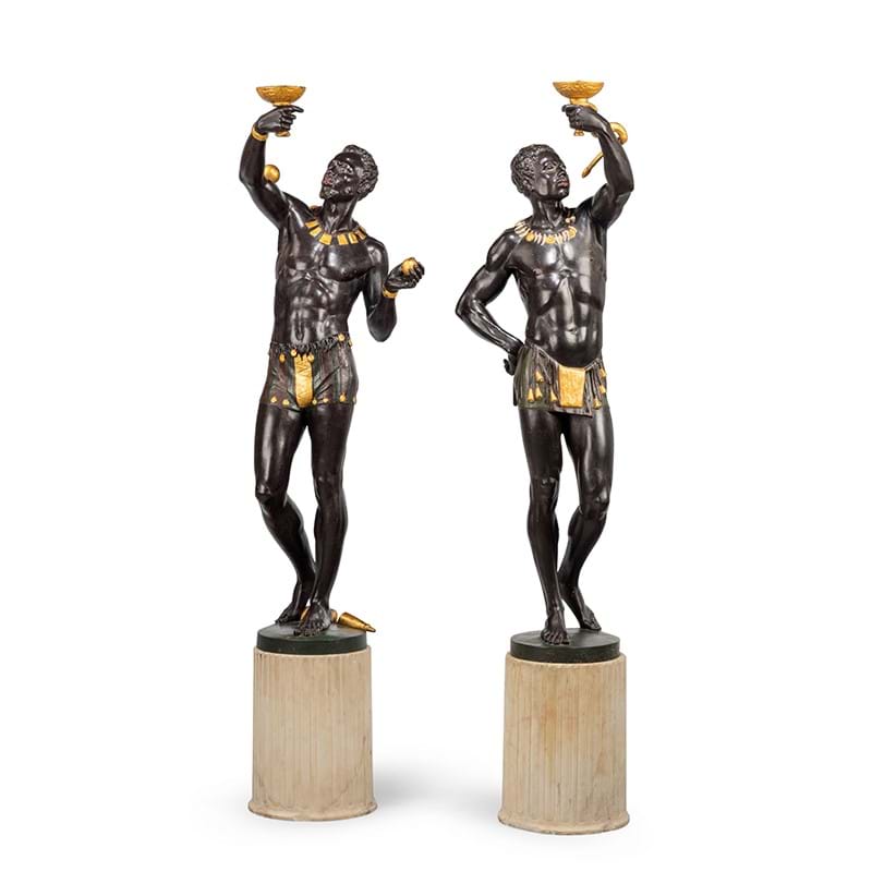 A rare pair of polychrome cast iron figures, probably cast by Val d'Osne after Mathurin Moreau