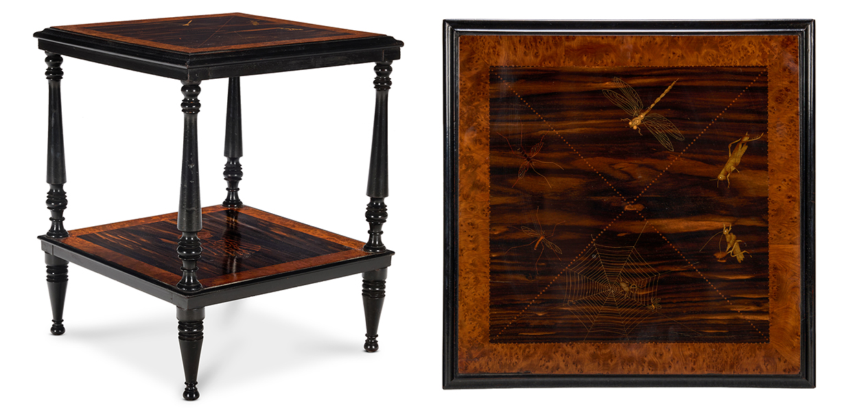 An Aesthetic Period Calamander, Thuya Banded, Ebonised And Marquetry Two Tier Table