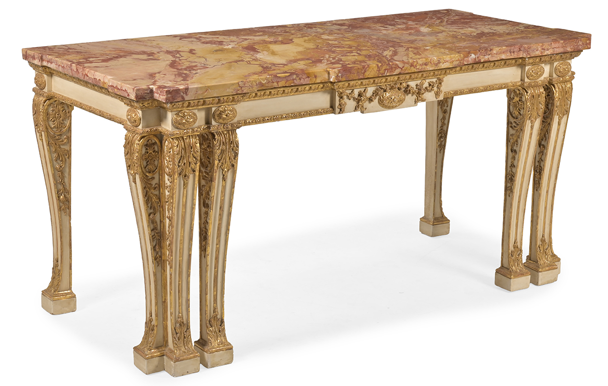 148 A GEORGE III CREAM PAINTED AND PARCEL GILT SIDE OR CONSOLE TABLE, CIRCA 1760