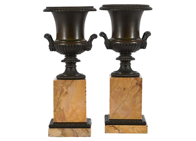 Inline Image - Lot 71: A pair of 'Grand Tour' bronze Campana vases on Siena marble bases, French or Italian, mid 19th century | Est. £500-800 (+ fees)