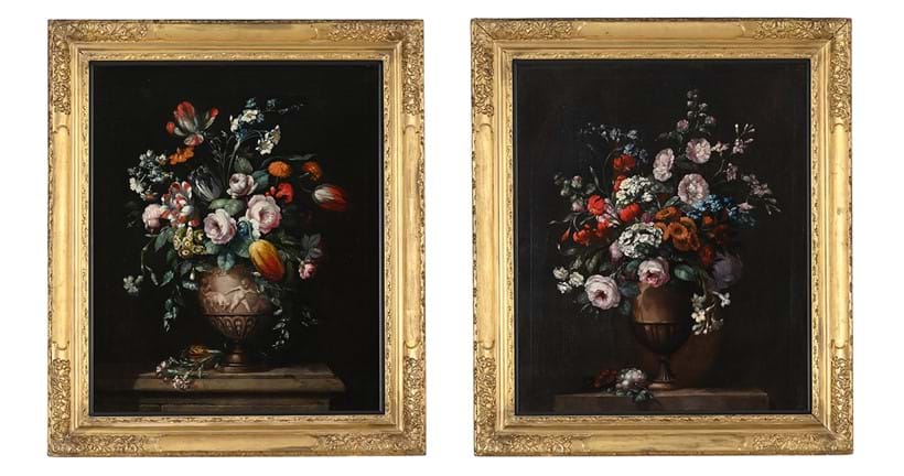 Inline Image - Lot 78: Continental School (18th Century), 'A pair of still lifes of tulips, roses and other flowers in urns on stone ledges', Oil on canvas | Est. £800-1,200 (+ fees)
