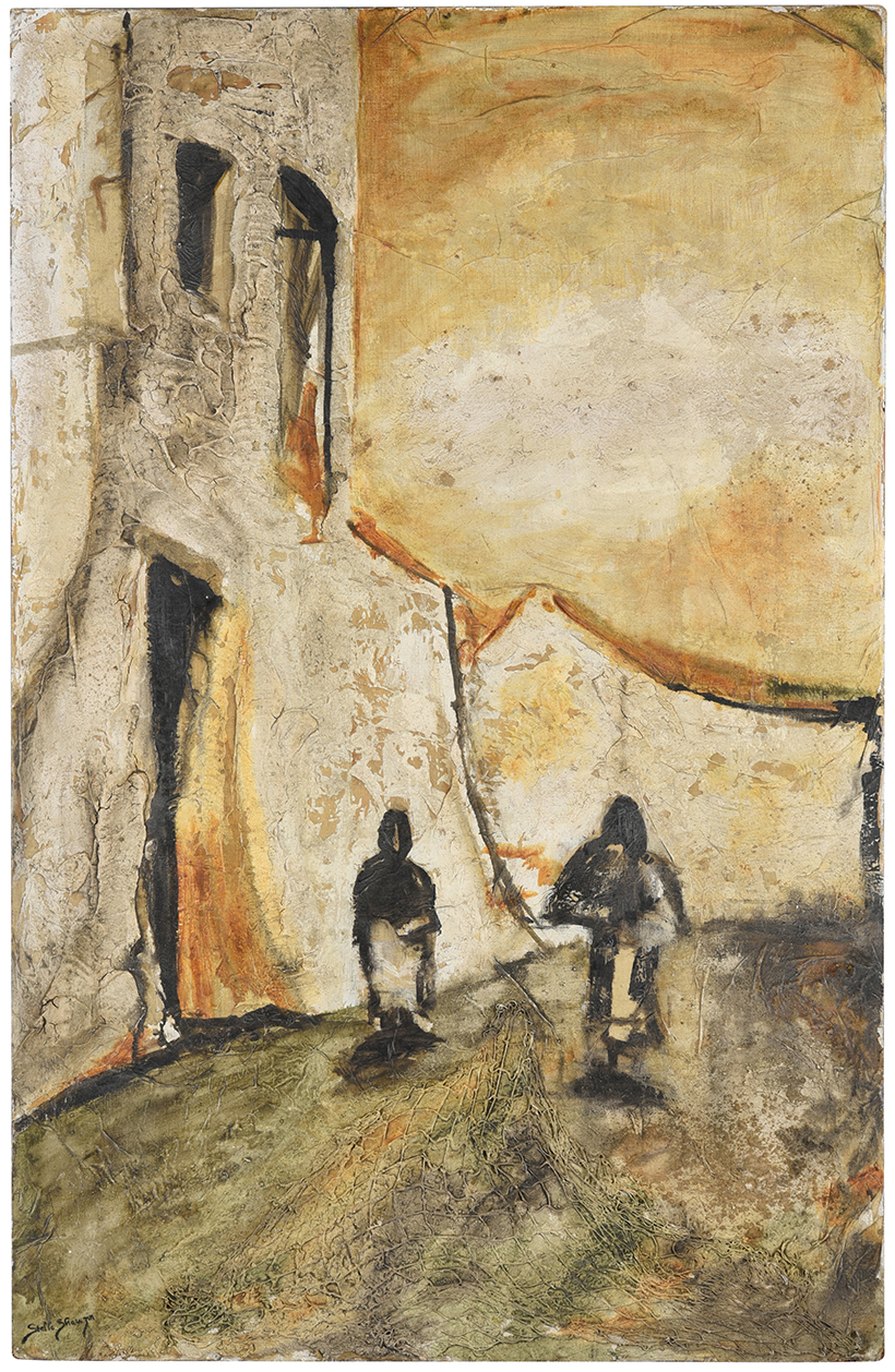 Inline Image - Lot 2: Stella Shawzin ‘Street scene with figures’ mixed media on canvas laid to board | Est. £200-400 (+ fees)