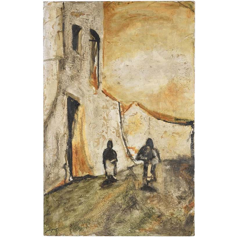 Inline Image - Lot 2: Stella Shawzin ‘Street scene with figures’ mixed media on canvas laid to board | Est. £200-400 (+ fees)