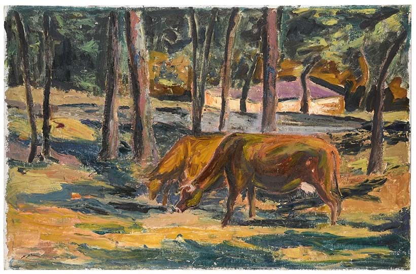 Inline Image - Lot 3: Stella Shawzin ‘Cattle grazing in the woodland’ oil on canvas laid to board | Est. £100-150 (+ fees)