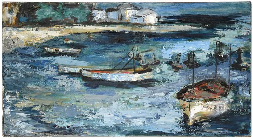 Inline Image - Lot 4: Stella Shawzin ‘Boats docked by the shore’ oil on canvas laid to board | Est. £300-500 (+ fees)