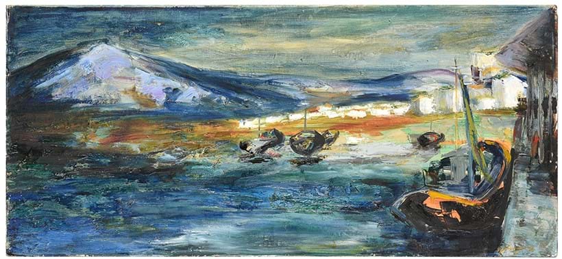 Inline Image - Lot 1: Stella Shawzin ‘Boats in the harbour with mountains beyond’ oil on canvas laid to board | Est. £400-600 (+ fees)