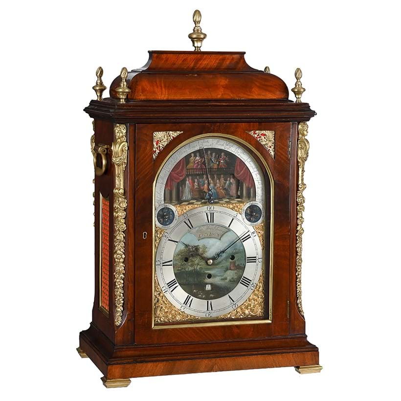 Inline Image - Lot 244: A fine rare George III twelve-tune musical brass mounted mahogany table clock with double automaton, Thomas Monkhouse, London, circa 1775 | Est. £12,000-18,000 (+ fees)