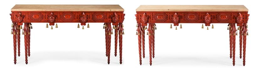 Inline Image - Lot 82: A pair of red painted and parcel gilt console tables in Chinoiserie taste, of recent manufacture | Est. £2,000-3,000 (+ fees)