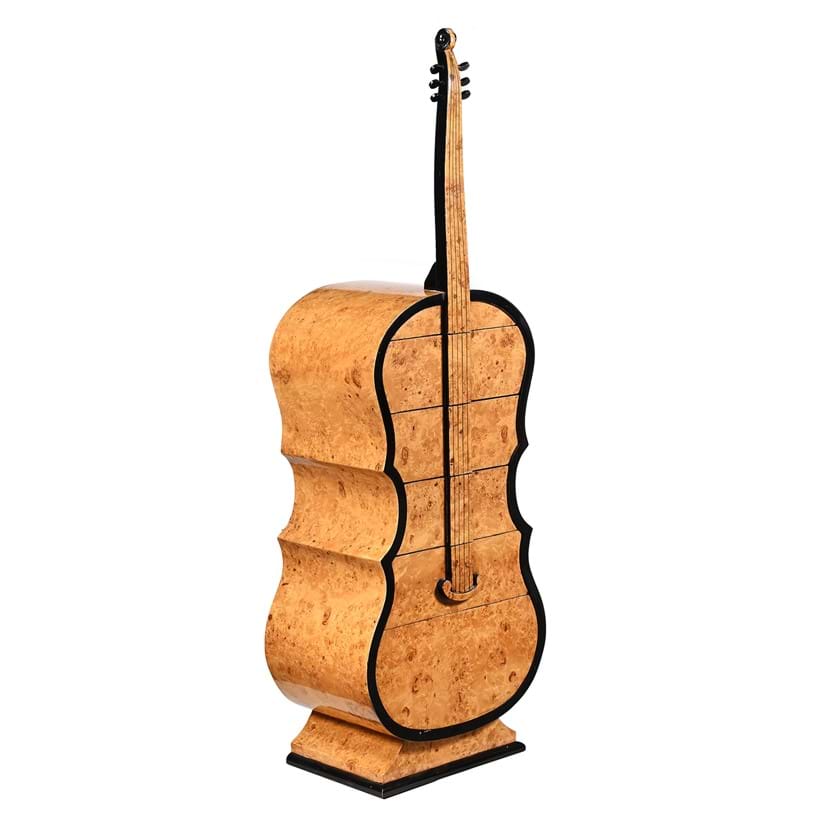 Inline Image - Lot 278: A burr maple and ebonised chest of drawers in the form of a cello or double bass, late 20th century | Est. £300-500 (+ fees)