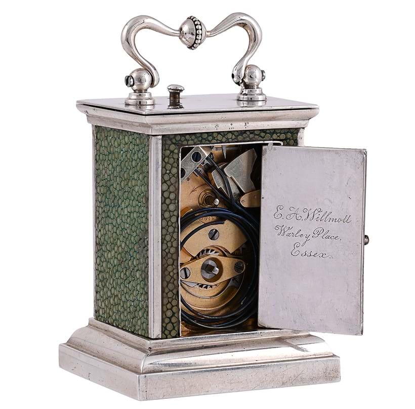 Inline Image - Lot 133: A rare Swiss miniature shagreen mounted silver petit sonnerie striking and repeating carriage clock, unsigned, circa 1900 | Est. £1,200 – 1,800 (+ fees)