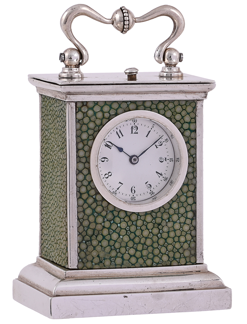 Inline Image - Lot 133: A rare Swiss miniature shagreen mounted silver petit sonnerie striking and repeating carriage clock, unsigned, circa 1900 | Est. £1,200 – 1,800 (+ fees)