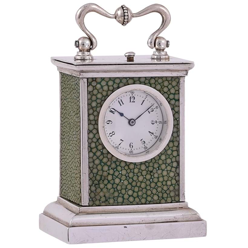 Inline Image - Lot 133: A rare Swiss miniature shagreen mounted silver petit sonnerie striking and repeating carriage clock, unsigned, circa 1900 | Est. £1,200 – 1,800 (+ fees)