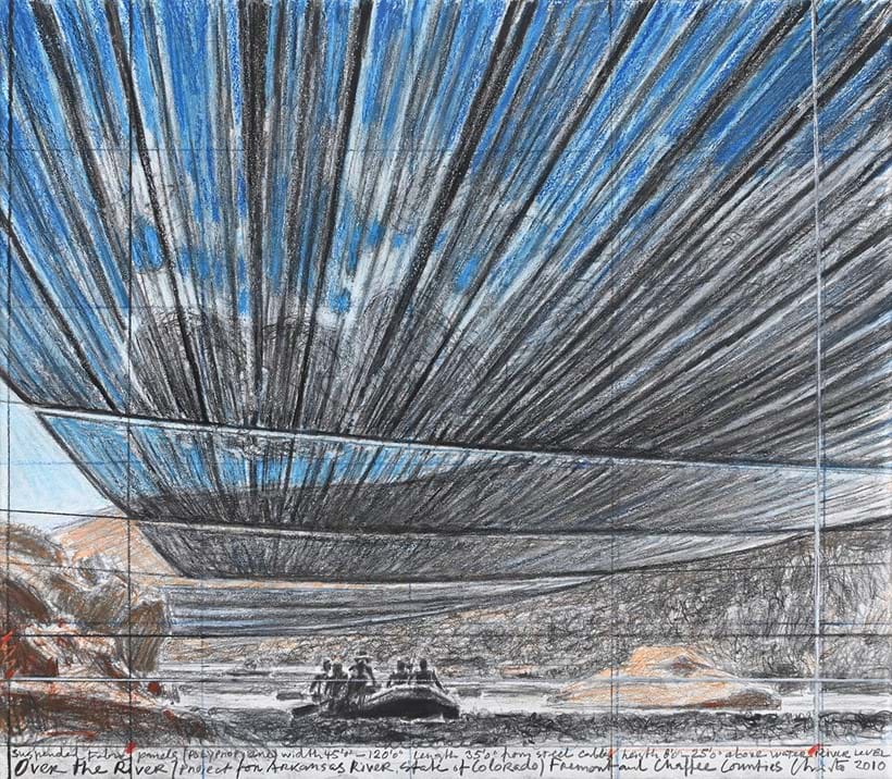 Inline Image - Lot 177: λ Christo (American/Bulgarian 1935-2020), 'Over The River, Project For Arkansas River, State Of Colorado', Pencil, charcoal, wax crayon and pastel | Est. £25,000-35,000 (+ fees)