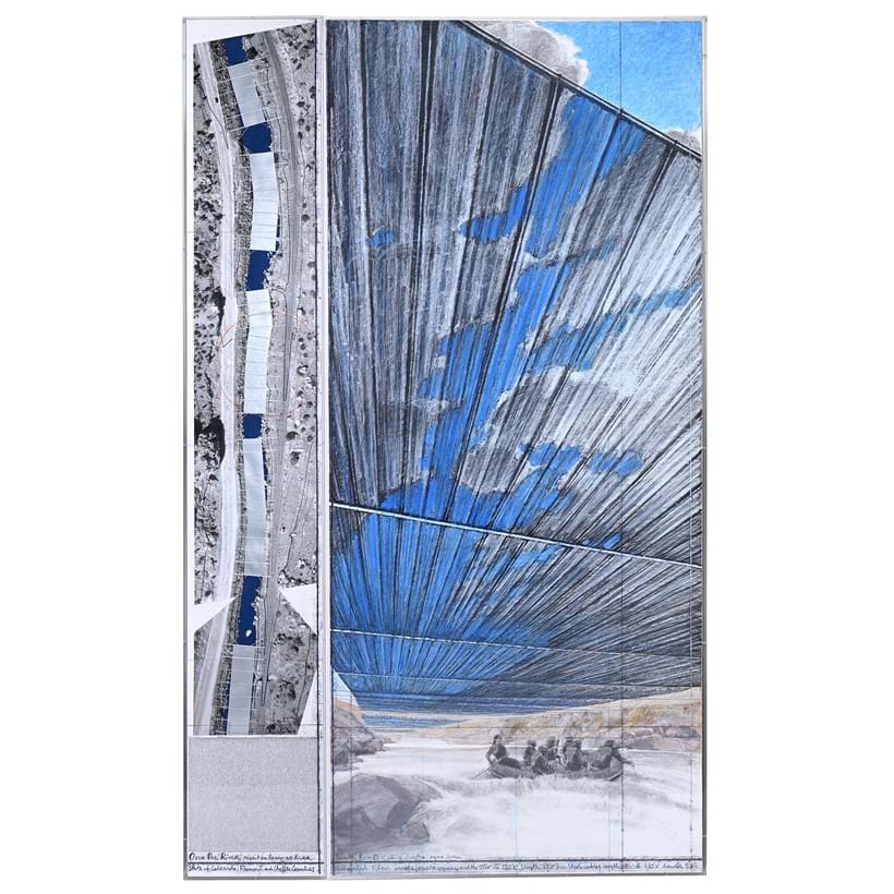 Inline Image - Lot 178: λ Christo (American/Bulgarian 1935-2020), 'Over The River, Project For Arkansas River, State Of Colorado', Pencil, wax crayon, charcoal, pastel, enamel paint, wash, fabric sample and aerial photograph with topographic elevation, in two parts | Est. £150,000-250,000 (+ fees)