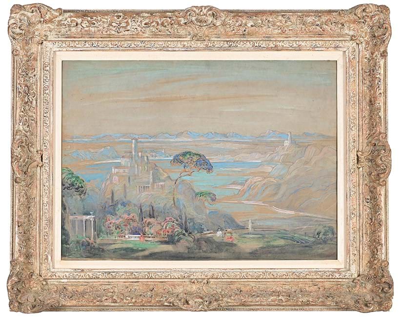 Inline Image - Lot 1: Joseph Alfred Terry, ‘Arcadian landscape with figures seated beside a water fountain’, Pencil, watercolour and gouache on paper | Est. £200-300 (+ fees)
