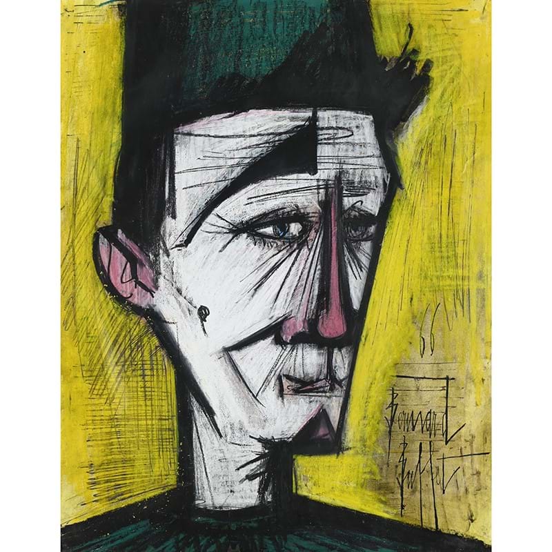 λ Bernard Buffet (French 1928-1999), Clown Au Chapeau Vert Sur Fond Jaune, Pencil And Wax Crayon