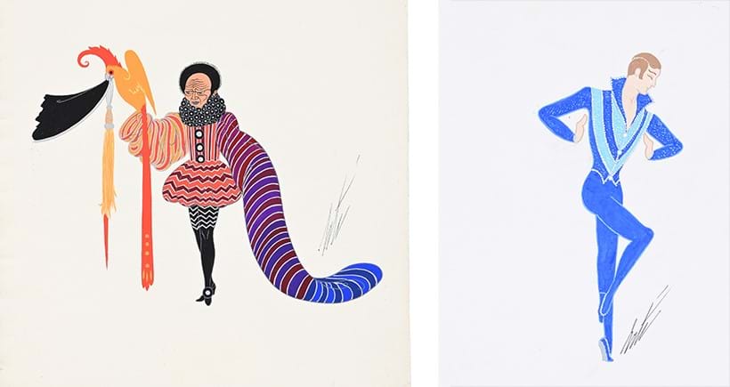 Inline Image - (L to R): λ Lot 61: Erté, ‘La Femme Et Le Diable: Un Nain De L'espagnole’, Gouache And Silver Paint | Est. £800-1,200 (+ fees) | λ Lot 65: Erté, ‘Rhapsody In Blue: Girl Dancing With The Rabbit; The Dancer Boys’, Gouache | Est. £1,000-1,500 (+ fees)