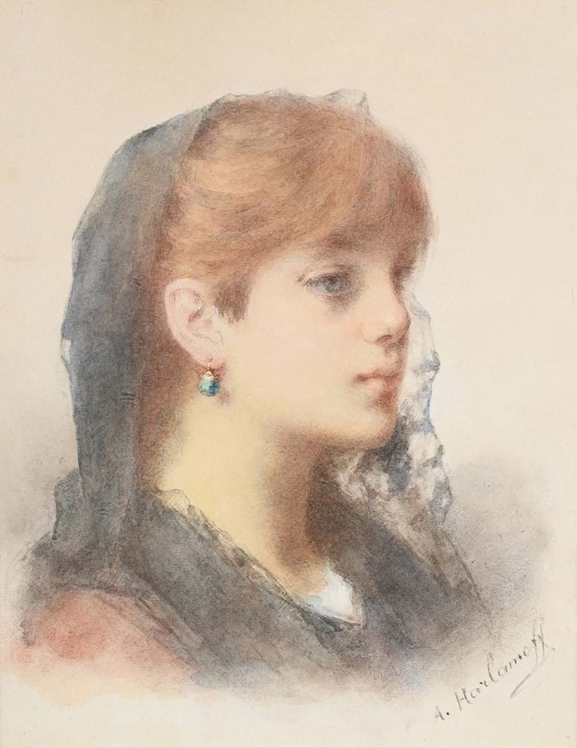 Inline Image - Lot 216: Alexei Alexeievich Harlamoff (Russian 1840 - 1945), 'Head of a young woman', Watercolour and pencil | Est. £4,000-6,000 (+ fees)