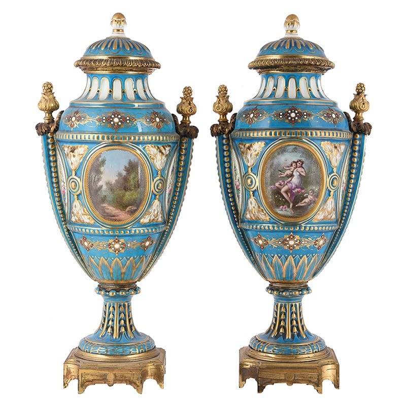 A Pair Of French Porcelain And Gilt Metal Mounted Sevres Style 'Jewelled' Turquoise Ground Urns And Covers, Late 19th Century, Sevres Style Marks