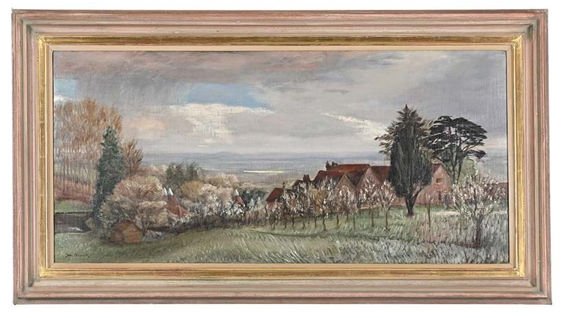 Inline Image - λ Lot 150: John Spencer Churchill (British 1909-1992), Row of Blossom Trees with Oast Houses Beyond | Est. £200-300 (+ fees)