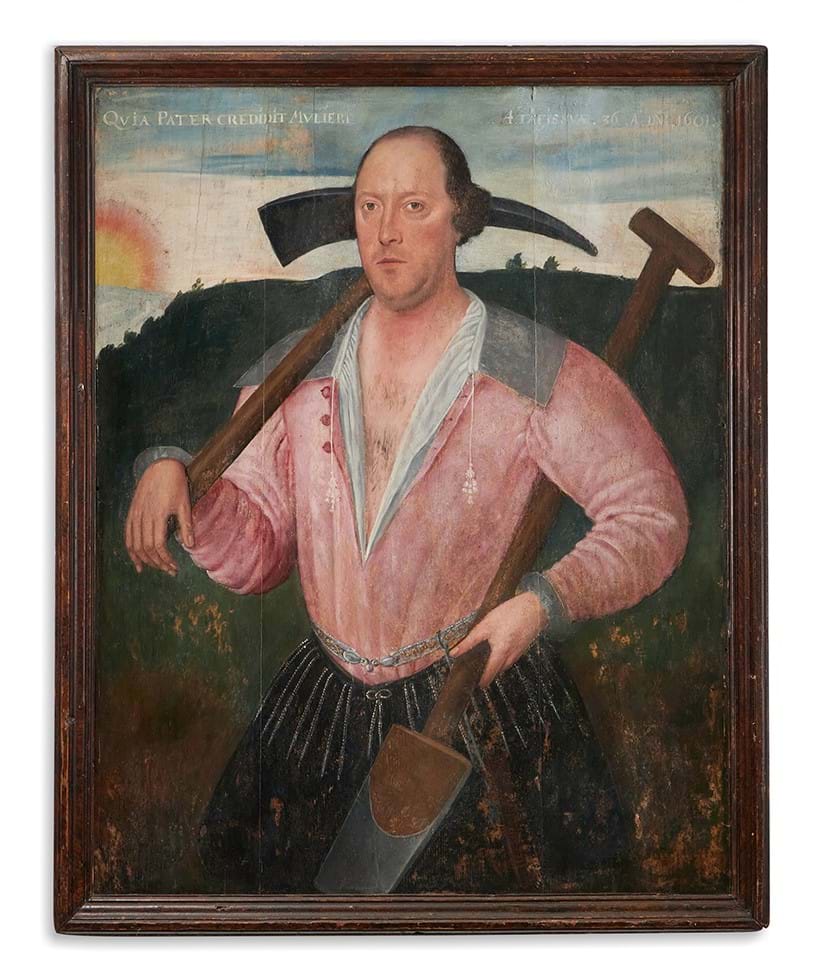 Inline Image - Lot 50: English School (Early 17th Century), ‘Portrait of a man with a pickaxe and a spade in a landscape’, Oil on panel | Sold for £500,200