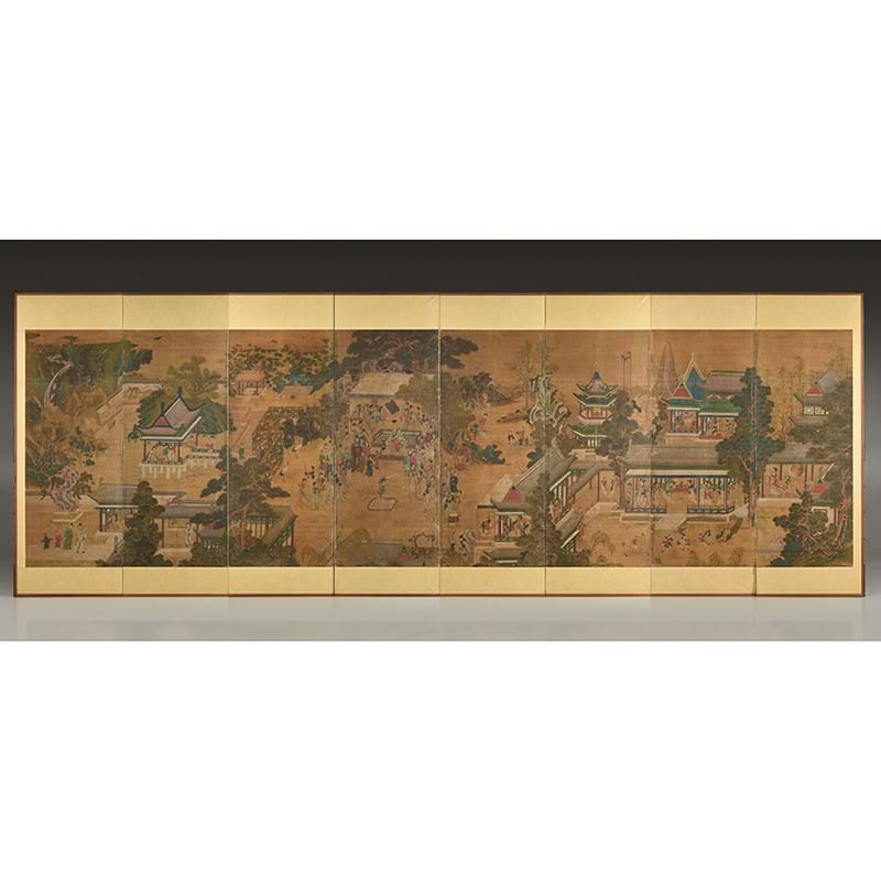 † Attributed to Kim Deuk-sin (金得臣, 1754-1822), Guo Ziyi's Banquet (Gwakbunyang Haengnakdo), a fine eight-panel screen, ink and colour on silk, with two seals of the artist