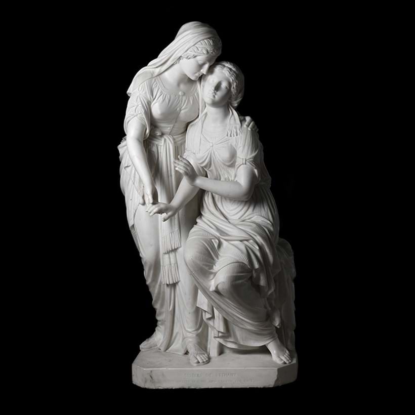 Inline Image - Lot 542: John Warrington Wood (1839-1886) A carved marble group 'Sisters of Bethany', dated 1876 | Est. £7,000 - 10,000 (+ fees)