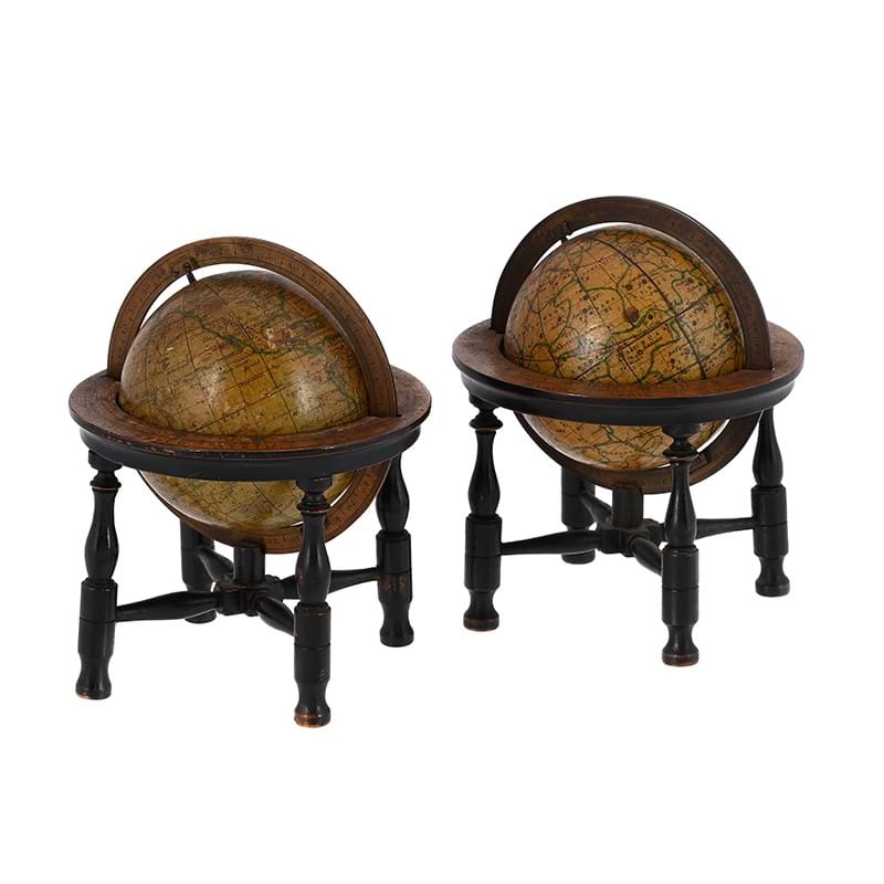 A fine and rare pair of George III miniature three-inch table globes, J. and W. Cary, London, the terrestrial published 1791