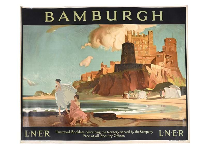 Inline Image - Lot 150: Original rail travel poster depicting Bamburgh Castle, design by Sir William Russell Flint (1880 -1969) for London & North Eastern Railway (LNER) | Est. £4,000-6,000 (+ fees)