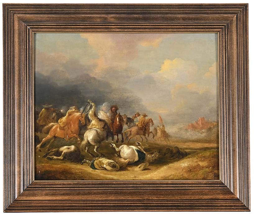 Inline Image - Lot 15: Jan Jansz. Van Der Stoffe (Dutch 1611-1682), Cavalry Skirmish, Oil on panel | Est. £800-1,200 (+ fees)